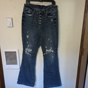Judy Blue Jeans Women Flare Distressed Stretch Trouser Denim Button Fly